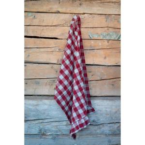 Kökshandduk LISA i röd och beige rutig bäckebölja med volang i nederkanten