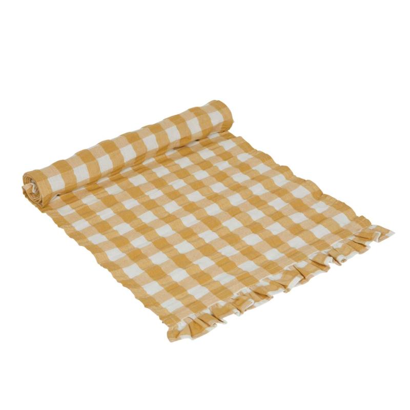 Bordslöpare LISA i gul och vit rutig bäckebölja med volang i kortsidorna