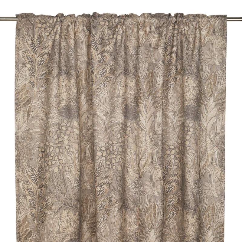 Gardin FARAH med bladmönster i beigebruna toner på linnefärgad botten