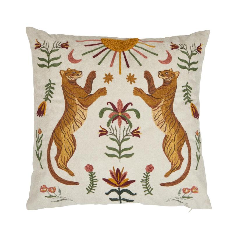 Kuddfodral TIGER med broderade tigrar, blommor och en sol
