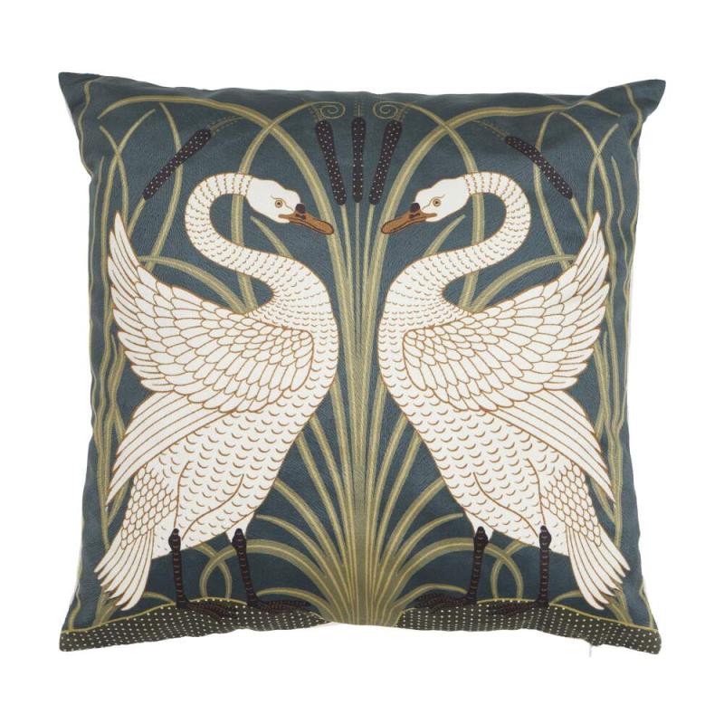 Kuddfodral SWAN i sammet med två vackra svanar, grön bottenfärg