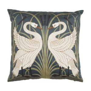Kuddfodral SWAN i sammet med två vackra svanar, grön bottenfärg