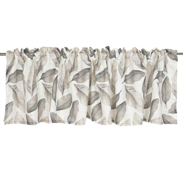 Gardinkappa PONZA med blad i grått och beige på offwhite bottenfärg