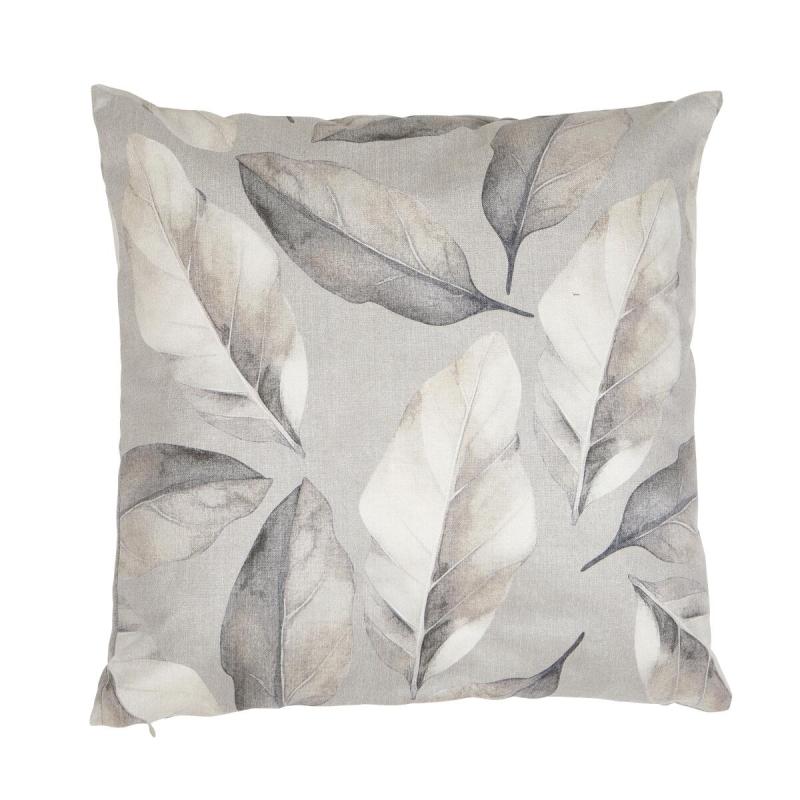 Kuddfodral PONZA med blad i grått och beige på linnefärgad botten