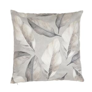 Kuddfodral PONZA med blad i grått och beige på linnefärgad botten