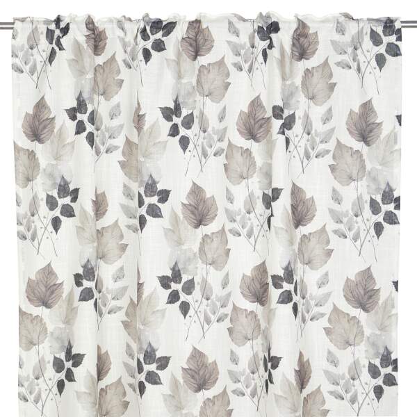 Gardin MONTANA med bladmönster i brunt och beige på offwhite bottenfärg