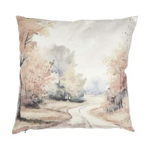 Kuddfodral AUTUMN ROAD med vacker skogsväg i höstskrud i gråbeiga toner