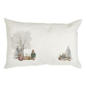 Kuddfodral VINTERBARN med två små barn och en nalle framför en gran, linnefärgad botten