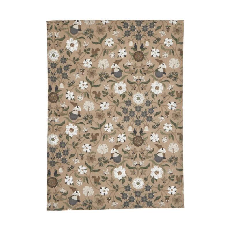 Kökshandduk JULEFRID med tomtar, blommor och ekorrar i grönt på beige bottenfärg