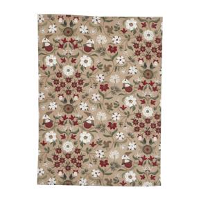 Kökshandduk JULEFRID med tomtar, blommor och ekorrar i rött på beige bottenfärg