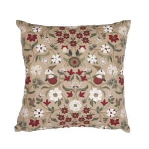 Kuddfodral JULEFRID med tomtar, blommor och ekorrar i rött på beige bottenfärg