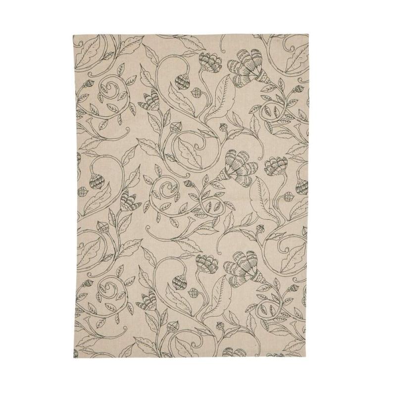 Kökshandduk ELLIE med ett snirklande fantasifullt bladmönster i grönt på beige botten