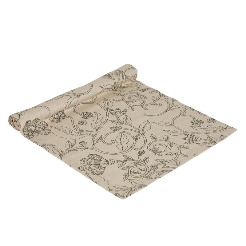 Bordslöpare ELLIE med ett snirklande fantasifullt bladmönster i grönt på beige botten