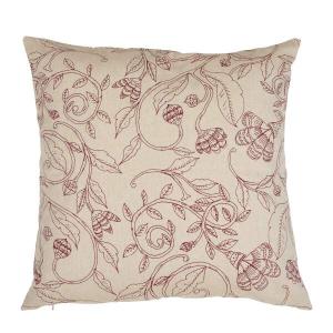 Kuddfodral ELLIE med ett snirklande fantasifullt bladmönster i rött på beige botten