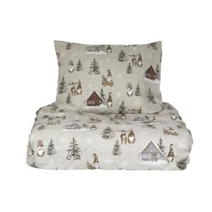 Bäddset HARALD med tomtar i bruna luvor, granar och små hus på linnefärgad botten
