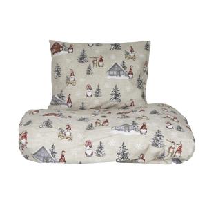 Bäddset HARALD med tomtar i röda luvor, granar och små hus på linnefärgad botten