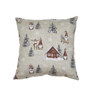 Kuddfodral HARALD med tomtar i röda luvor, granar och små hus på linnefärgad botten
