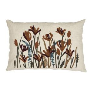 Kuddfodral AZRA med broderat blom och bladmönster i grönt, rost och vinrött