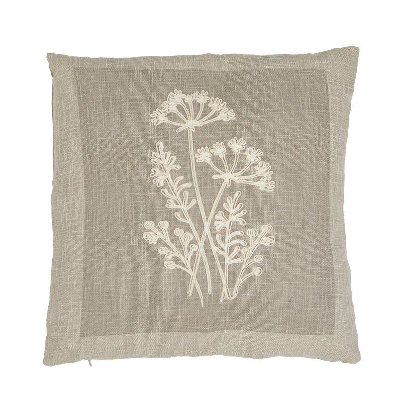 Kuddfodral LAURA tryckt ruta i linnefärg och broderade växter i offwhite
