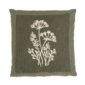 Kuddfodral LAURA tryckt ruta i grönt och broderade växter i offwhite