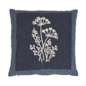 Kuddfodral LAURA tryckt ruta i blått och broderade växter i offwhite
