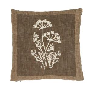 Kuddfodral LAURA tryckt ruta i nougatbrunt och broderade växter i offwhite