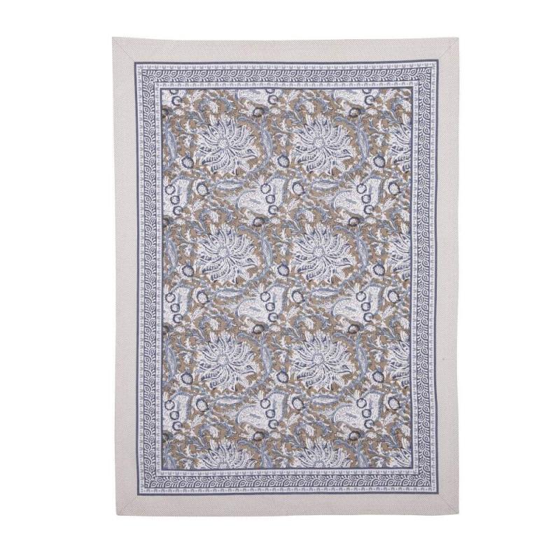 Kökshandduk DANTE, blommig i blått med bård runt om