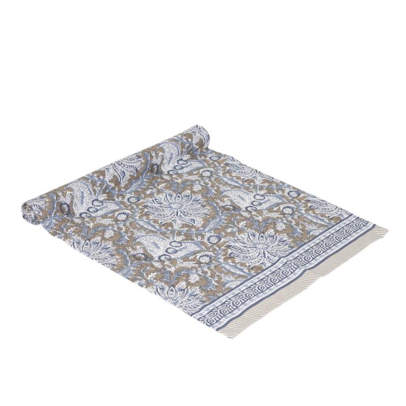 Bordslöpare DANTE, blommig i blått med bård i kortsidorna