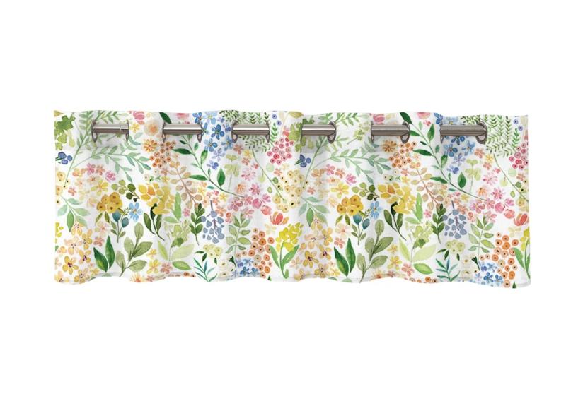 Gardinkappa Ida med blommönster i grönt, gult, blått och rosa