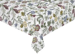 Vaxduk HILDA på metervara, ängsblommor i rosa, blått och gult, vit botten