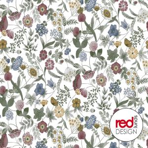 Vaxduk HILDA på metervara, ängsblommor i rosa, blått och gult, vit botten