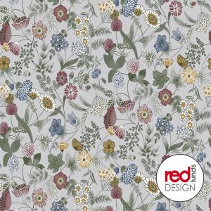 Vaxduk HILDA på metervara, ängsblommor i rosa, blått, gult på grå botten