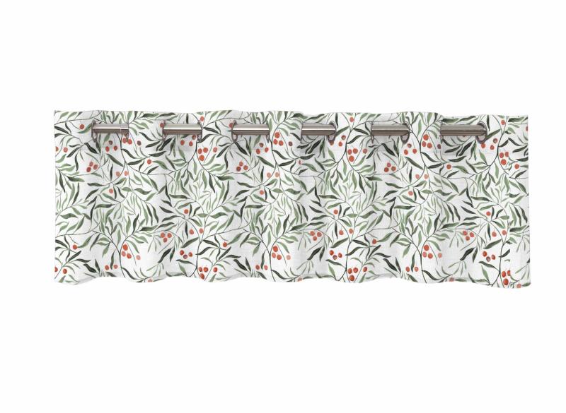 Gardinkappa GRIM, öljettgardin med lövmönster, 50x250 cm, vit/grön