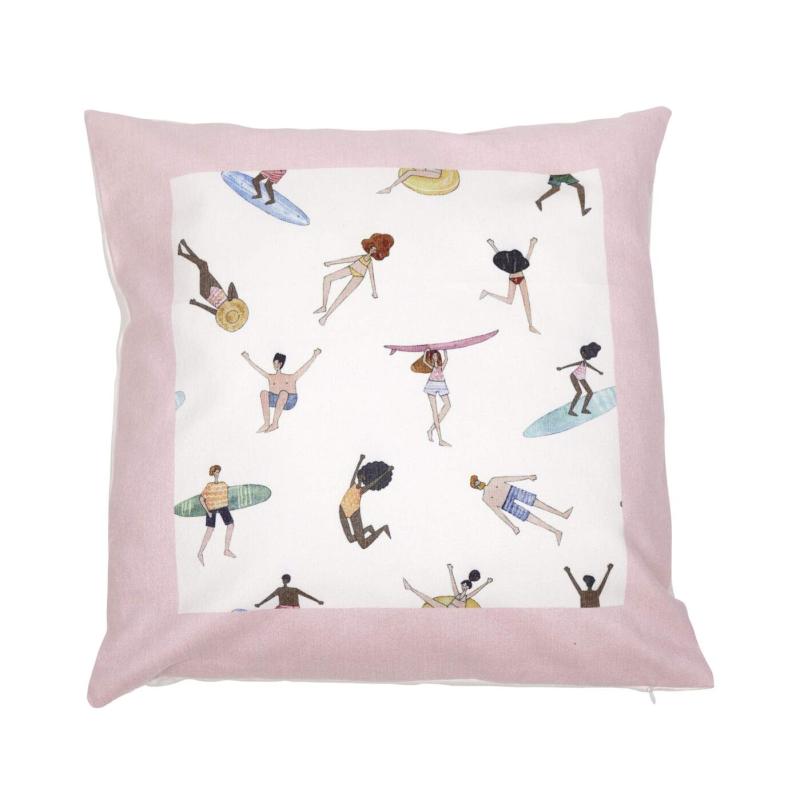 Kuddfodral BEACH med badande, solande och vindsurfande människor, enfärgad rosa kant