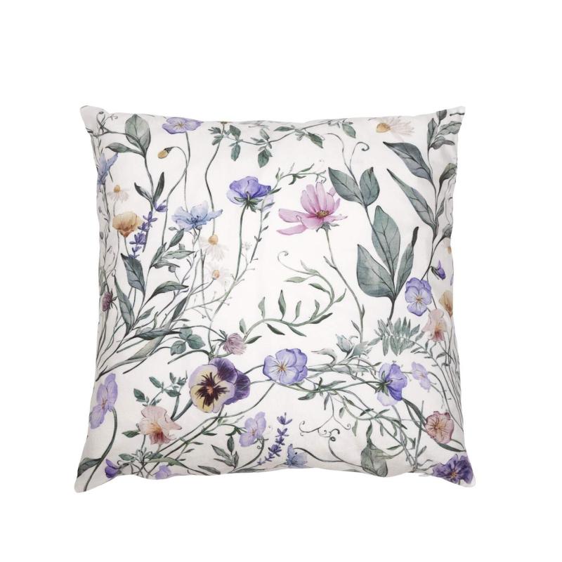 Kuddfodral VIOLA med violer och slingrande blad på offwhite bottenfärg