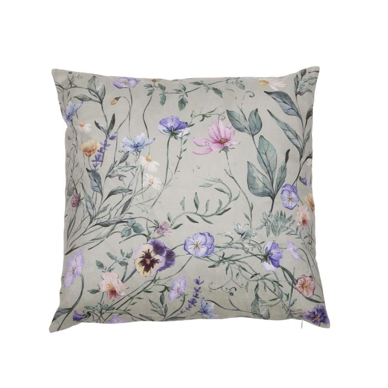 Kuddfodral VIOLA med violer och slingrande blad på grön bottenfärg