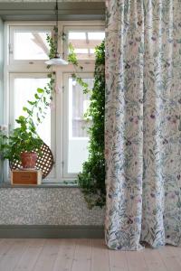 Gardin VIOLA med violer och slingrande blad på sanfärgad botten