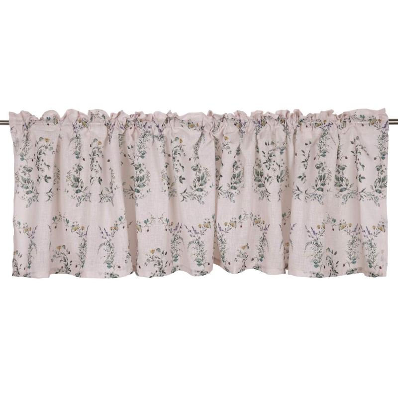 Gardinkappa SMULTRON med små blommor och smultron med rosa bottenfärg