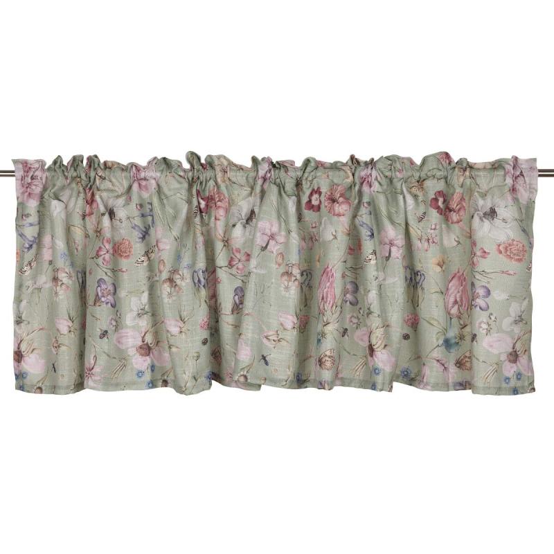 Gardinkappa ALMA med rosa blommor på grön bottenfärg