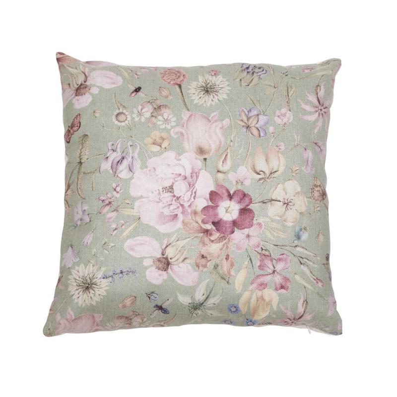 Kuddfodral ALMA med rosa blommor på grön bottenfärg - Trendhuset