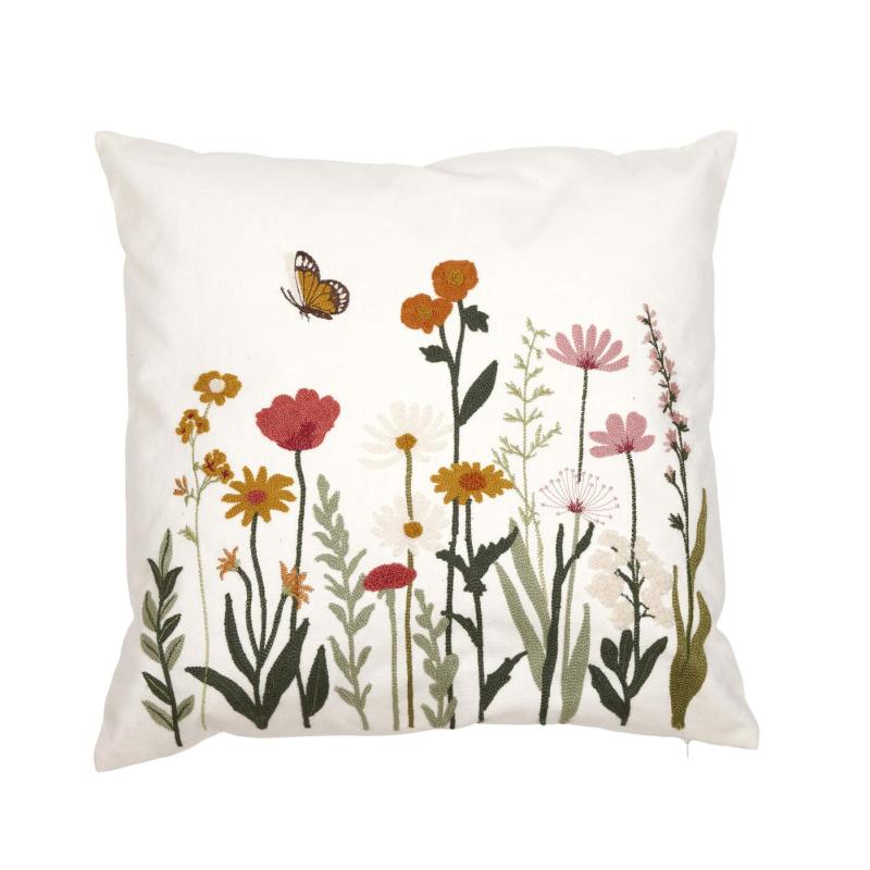Kuddfodral SOFIA med broderade blommor och fjärilar i rosa, grönt och orange