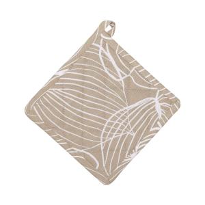 Grytlapp TILDA med vita ritade blad på linnefärgad botten