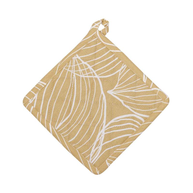 Grytlapp TILDA med vita ritade blad på gul bottenfärg