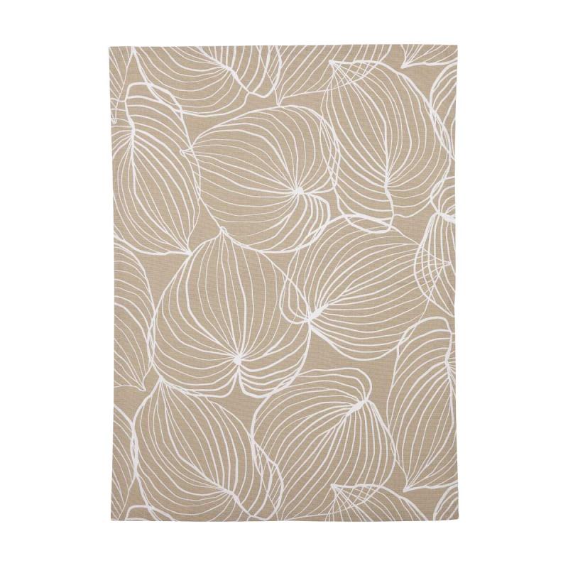 Kökshandduk TILDA med vita ritade blad på linnefärgad botten