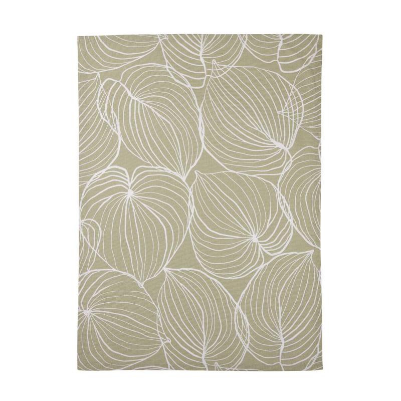 Kökshandduk TILDA med vita ritade blad på ljusgrön bottenfärg