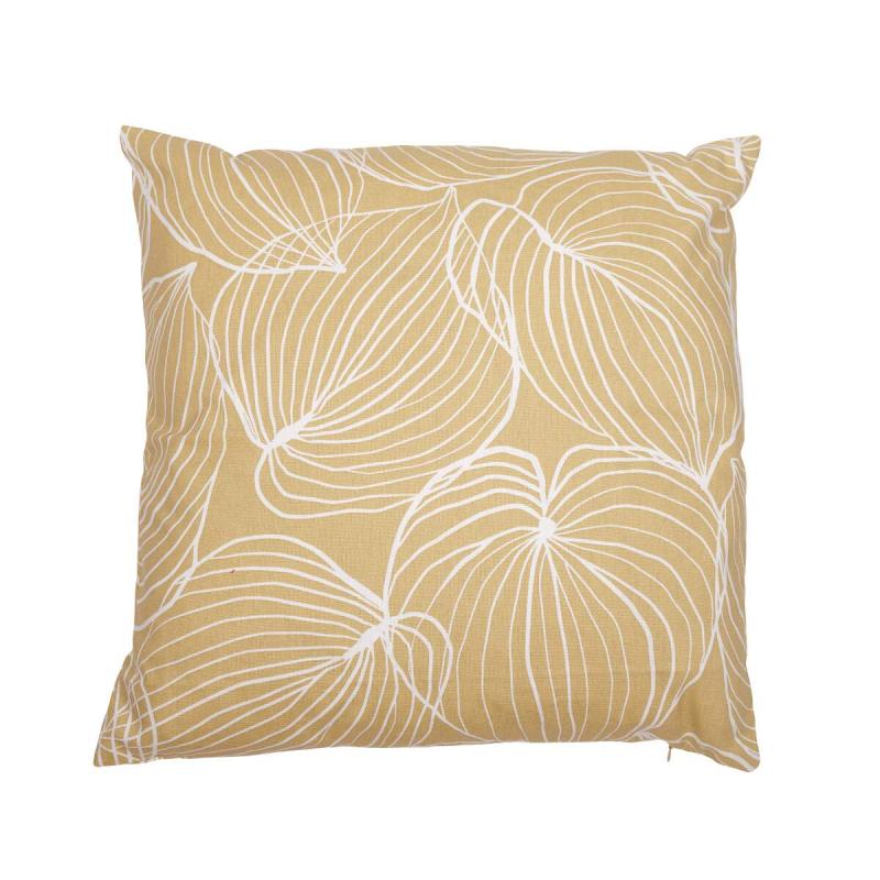 Kuddfodral TILDA med vita ritade blad på gul bottenfärg