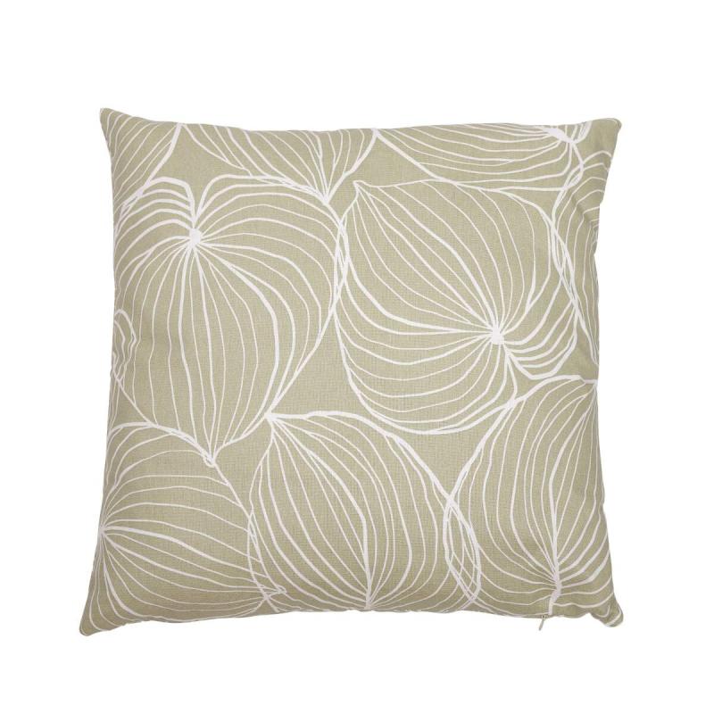 Kuddfodral TILDA med vita ritade blad på ljusgrön bottenfärg