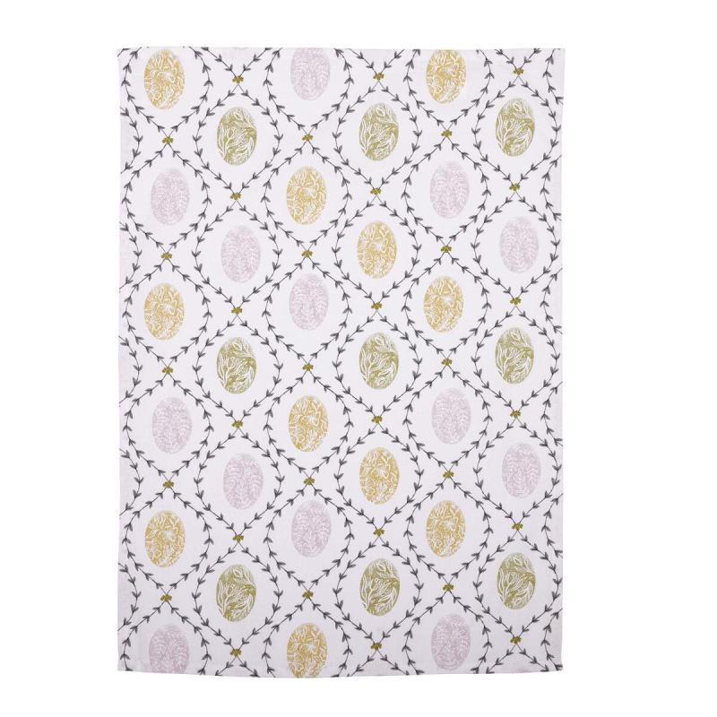 Kökshandduk AGDA med söta ägg i rosa, grönt och gult och slingrande bladrankor