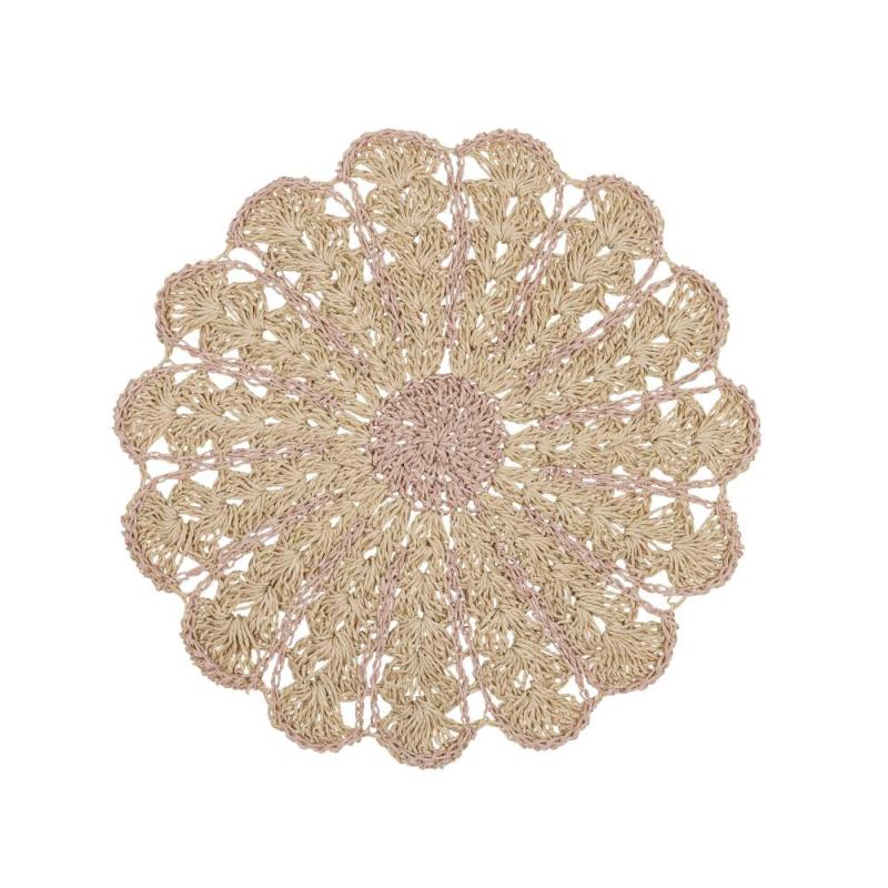 Bordstablett, tallriksunderlägg FIA i papper virkad som en blomma i offwhite och rosa