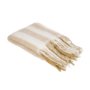 Pläd MIA bredrandig i offwhite och gult med långa fransar